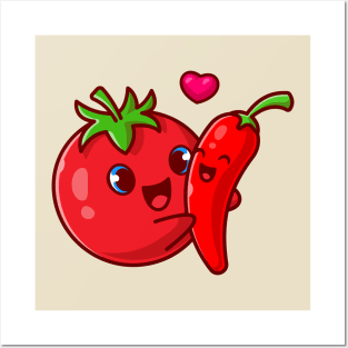 Cute Tomato Hug Chili Couple Cartoon Posters and Art